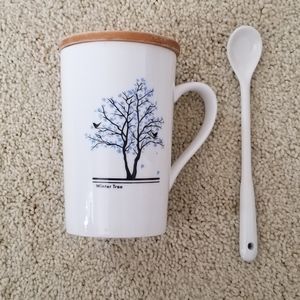 Winter Tree Coffee Mug with Spoon and Wooden Cover